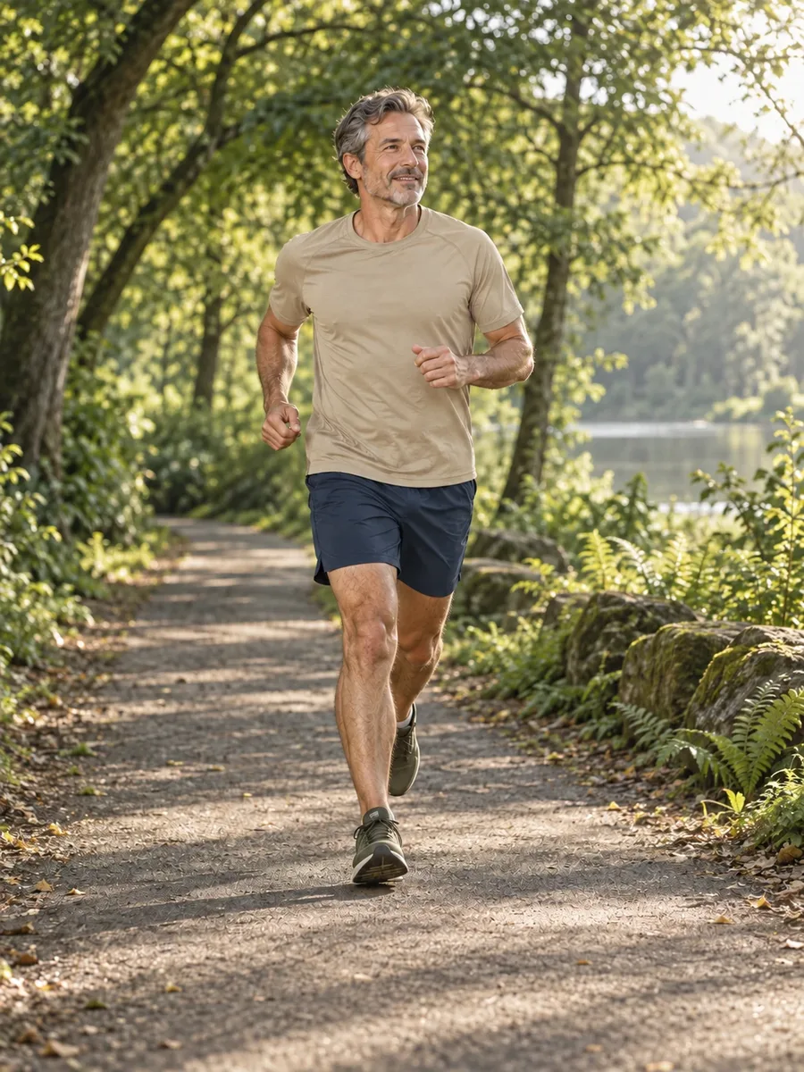 A man running along a tree-lined trail in morning light