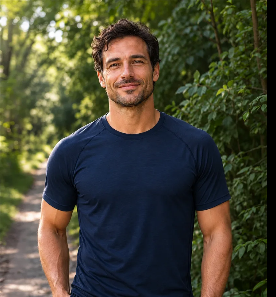 A man in a navy t-shirt standing on a shaded path