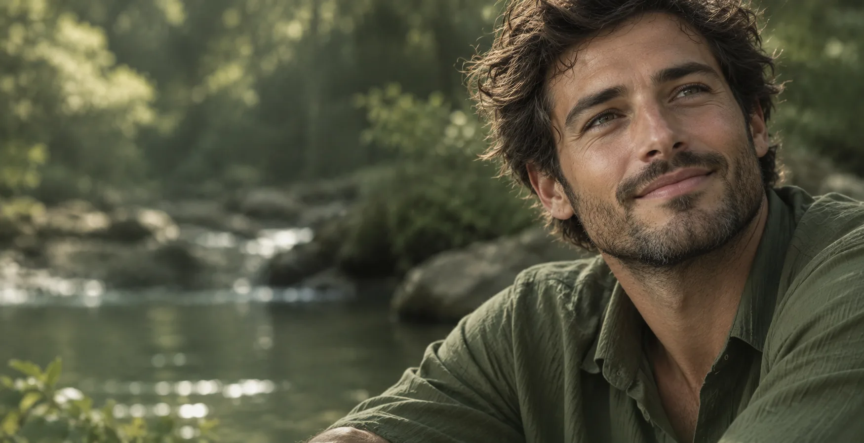 A man sitting beside a river, looking out at the water