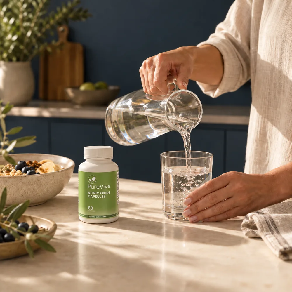 Water being poured into a glass on a kitchen counter beside a supplement bottle
